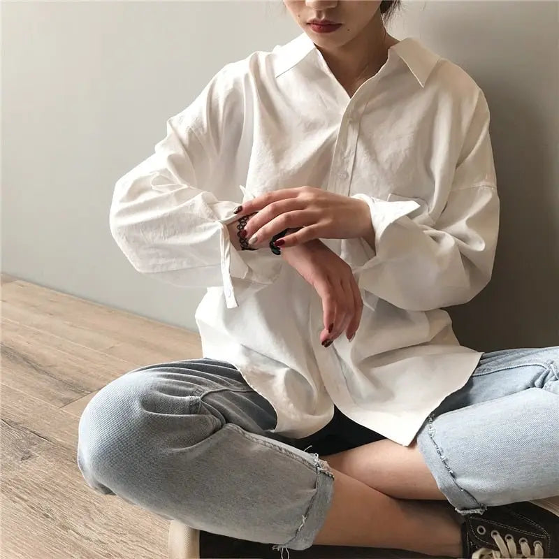 Loose Turn-down Collar Solid Female Shirts Tops Spring Summer Blouses nowadaysfashion