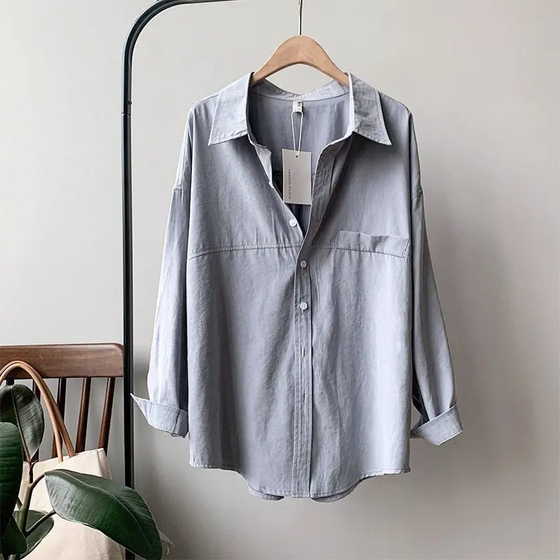 Loose Turn-down Collar Solid Female Shirts Tops Spring Summer Blouses nowadaysfashion