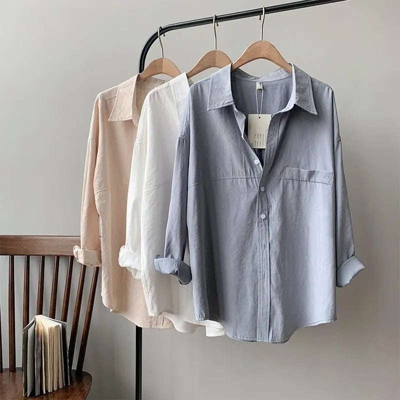Loose Turn-down Collar Solid Female Shirts Tops Spring Summer Blouses - Blade & Thread
