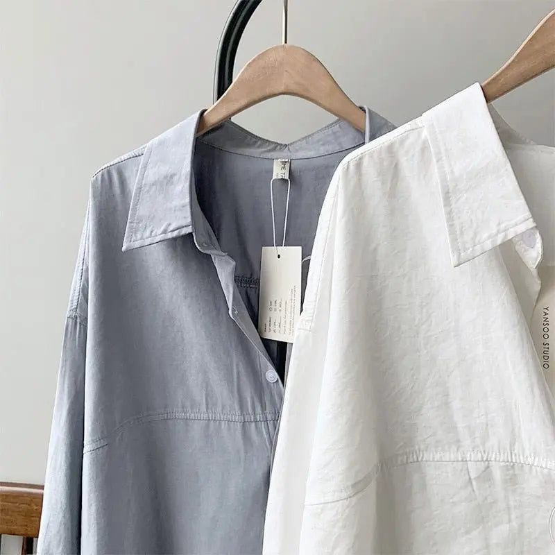 Loose Turn-down Collar Solid Female Shirts Tops Spring Summer Blouses - Blade & Thread