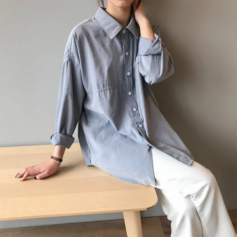 Loose Turn-down Collar Solid Female Shirts Tops Spring Summer Blouses - Blade & Thread