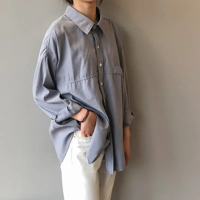 Loose Turn-down Collar Solid Female Shirts Tops Spring Summer Blouses nowadaysfashion