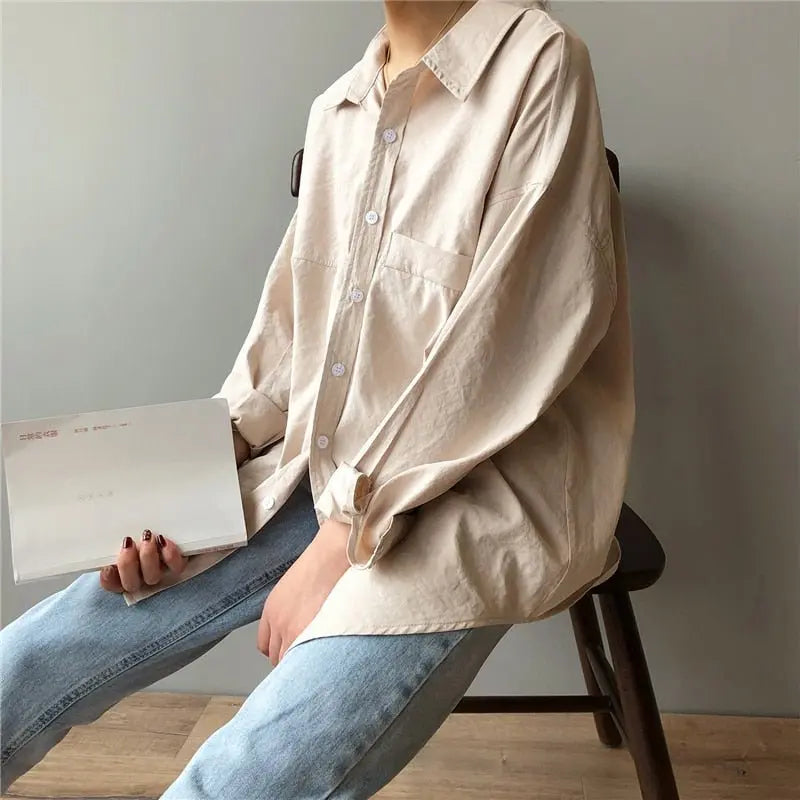 Loose Turn-down Collar Solid Female Shirts Tops Spring Summer Blouses - Blade & Thread