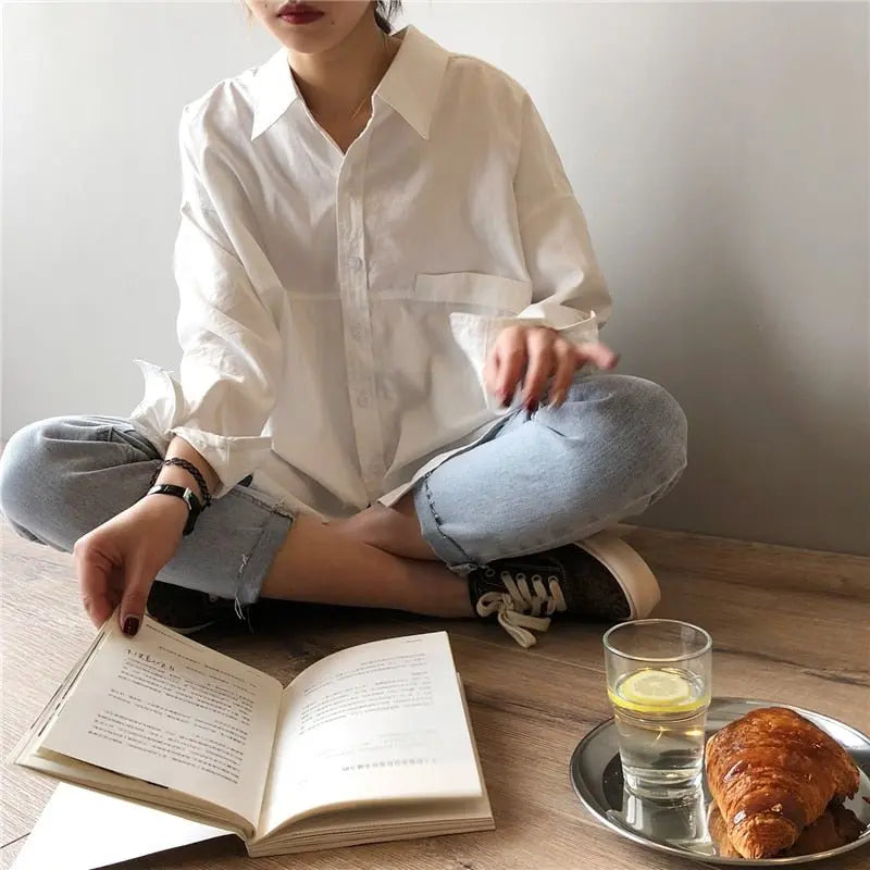 Loose Turn-down Collar Solid Female Shirts Tops Spring Summer Blouses - Blade & Thread