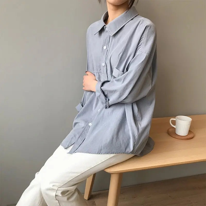 Loose Turn-down Collar Solid Female Shirts Tops Spring Summer Blouses - Blade & Thread