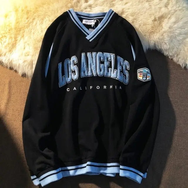 LOS ANGELES CALIFORHIA Embroidered Sweatshirts Oversized V Neck Pullovers nowadaysfashion