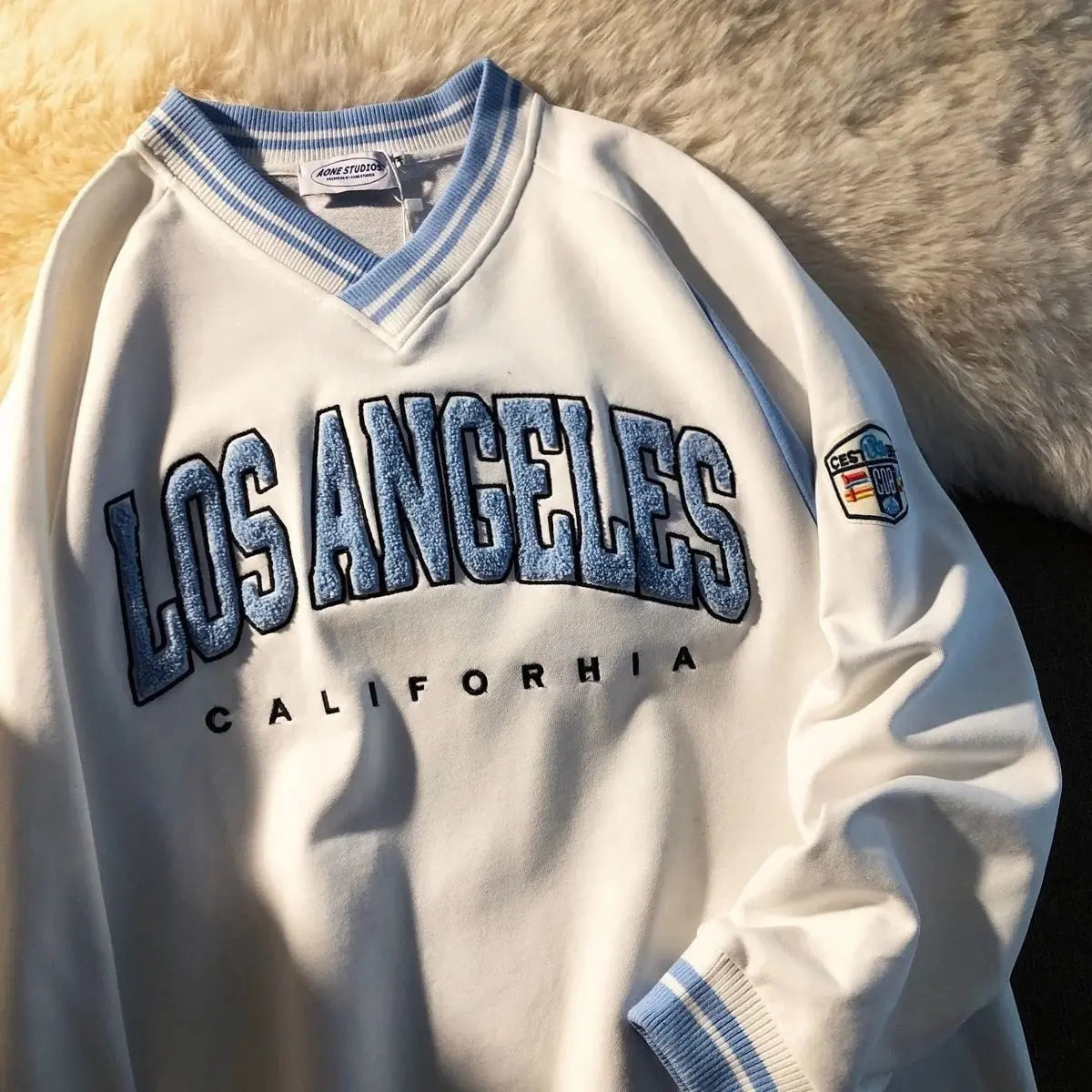 LOS ANGELES CALIFORHIA Embroidered Sweatshirts Oversized V Neck Pullovers - Blade & Thread