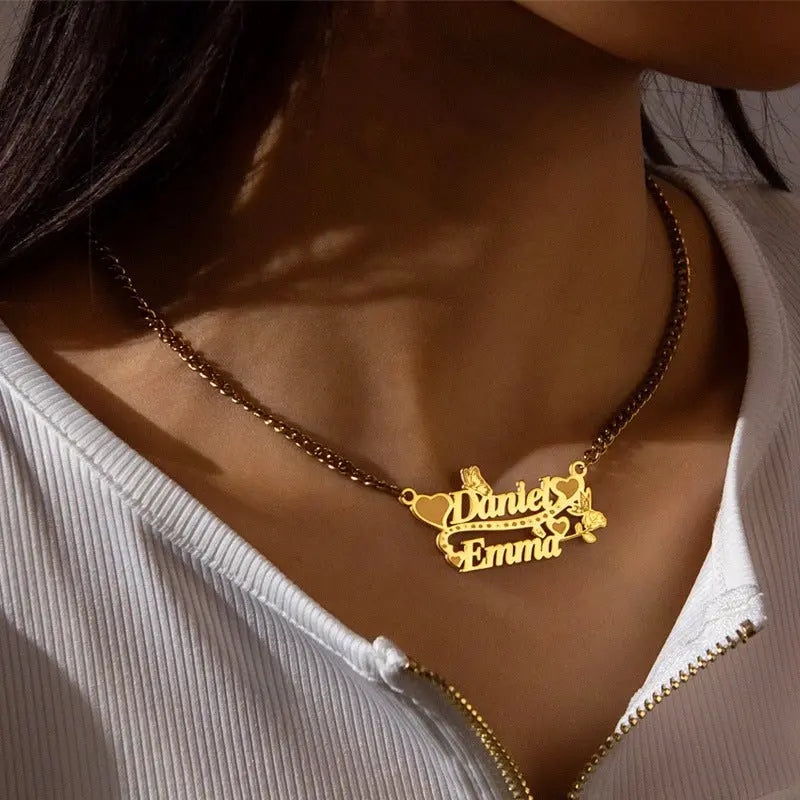 Love Butterfly Decorated Double Name Necklace Couple Gift nowadaysfashion
