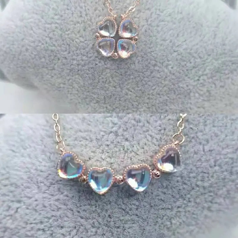 Love Heart Shaped Double Side Moonstone Magnetic Four Leaf Clover Good Pendant Necklace - Blade & Thread