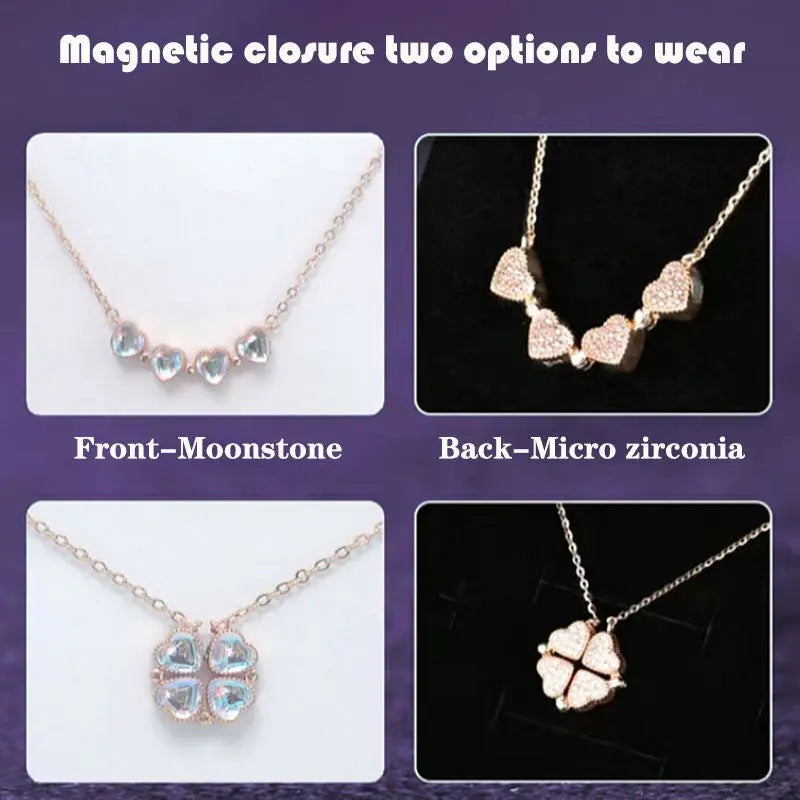 Love Heart Shaped Double Side Moonstone Magnetic Four Leaf Clover Good Pendant Necklace - Blade & Thread