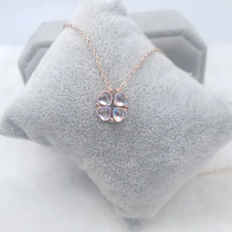 Love Heart Shaped Double Side Moonstone Magnetic Four Leaf Clover Good Pendant Necklace nowadaysfashion