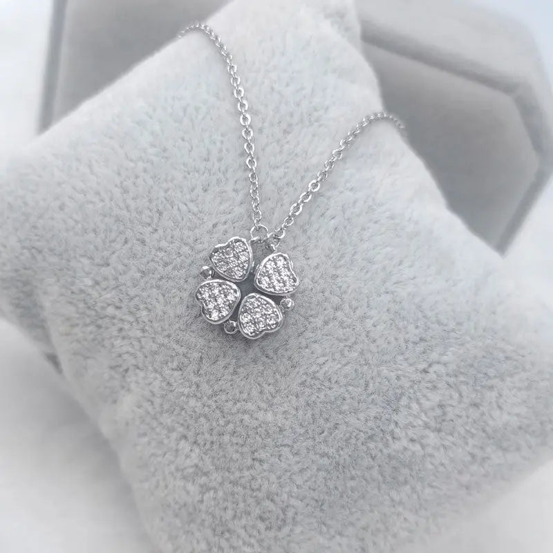 Love Heart Shaped Double Side Moonstone Magnetic Four Leaf Clover Good Pendant Necklace - Blade & Thread