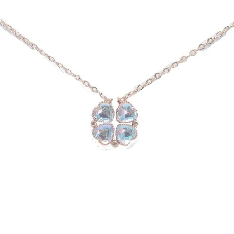 Love Heart Shaped Double Side Moonstone Magnetic Four Leaf Clover Good Pendant Necklace nowadaysfashion
