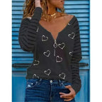 Love Printing T-shirt Sexy V-neck Zipper Neck Long-sleeved T-shirt Casual Loose Pullover Top nowadaysfashion