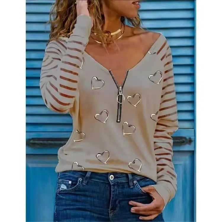 Love Printing T-shirt Sexy V-neck Zipper Neck Long-sleeved T-shirt Casual Loose Pullover Top nowadaysfashion