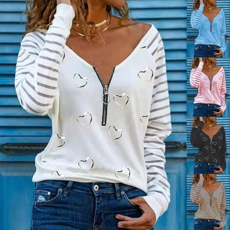 Love Printing T-shirt Sexy V-neck Zipper Neck Long-sleeved T-shirt Casual Loose Pullover Top - Blade & Thread