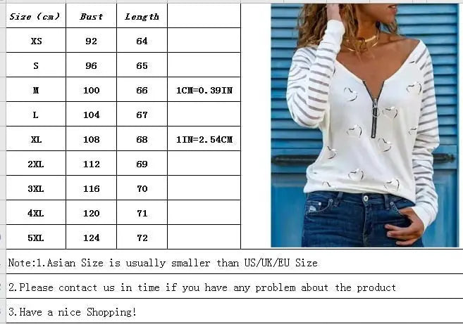 Love Printing T-shirt Sexy V-neck Zipper Neck Long-sleeved T-shirt Casual Loose Pullover Top - Blade & Thread