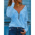 Love Printing T-shirt Sexy V-neck Zipper Neck Long-sleeved T-shirt Casual Loose Pullover Top nowadaysfashion