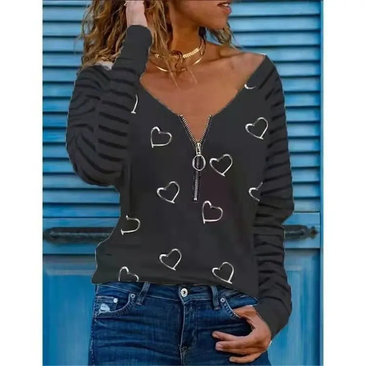 Love Printing T-shirt Sexy V-neck Zipper Neck Long-sleeved T-shirt Casual Loose Pullover Top - Blade & Thread