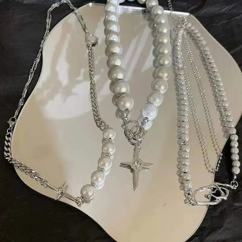 Luminous Beads Pearl Stitching Necklace Choker Cross Pendant Clavicle Sweet Party Jewelry nowadaysfashion