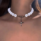 Luminous Beads Pearl Stitching Necklace Choker Cross Pendant Clavicle Sweet Party Jewelry nowadaysfashion