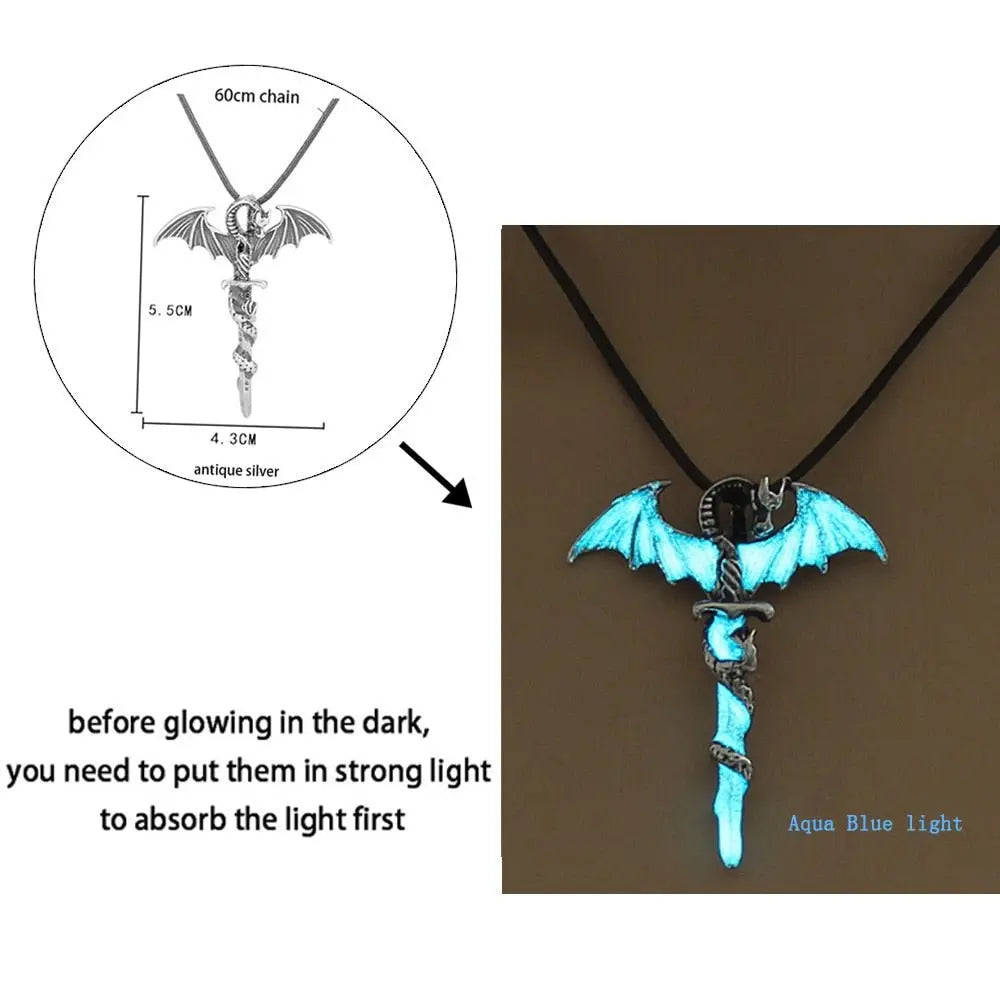 Luminous Dragon Necklace Glowing Night Fluorescence Silver Plated Glow In The Dark Necklace - Blade & Thread