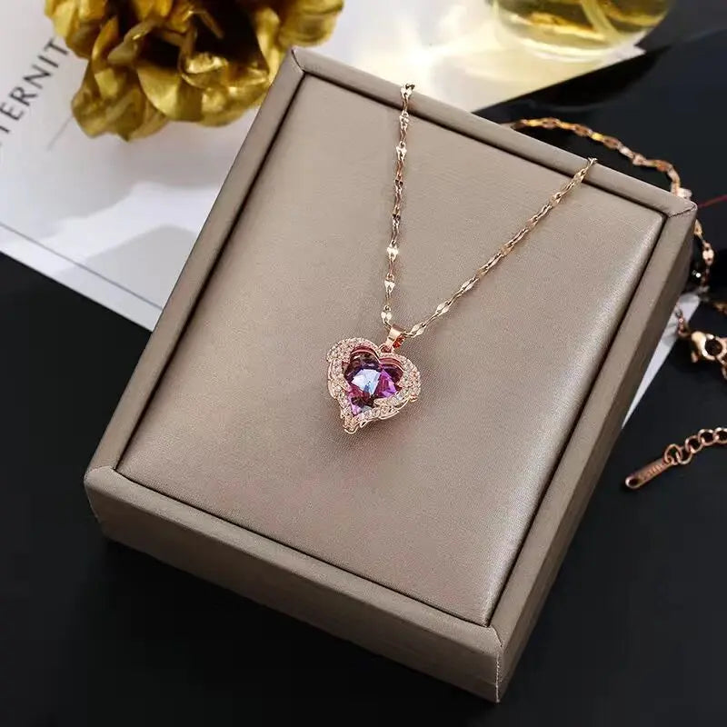 Luxury Zircon Crystal Heart Of Ocean Pendant Stainless Steel Necklace nowadaysfashion