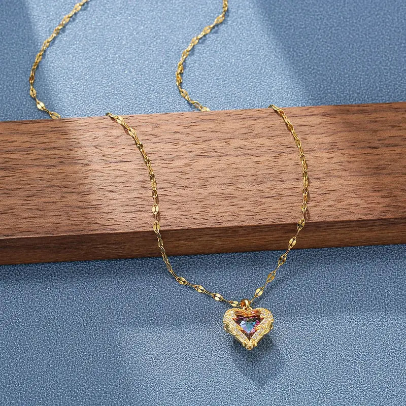 Luxury Zircon Crystal Heart Of Ocean Pendant Stainless Steel Necklace nowadaysfashion