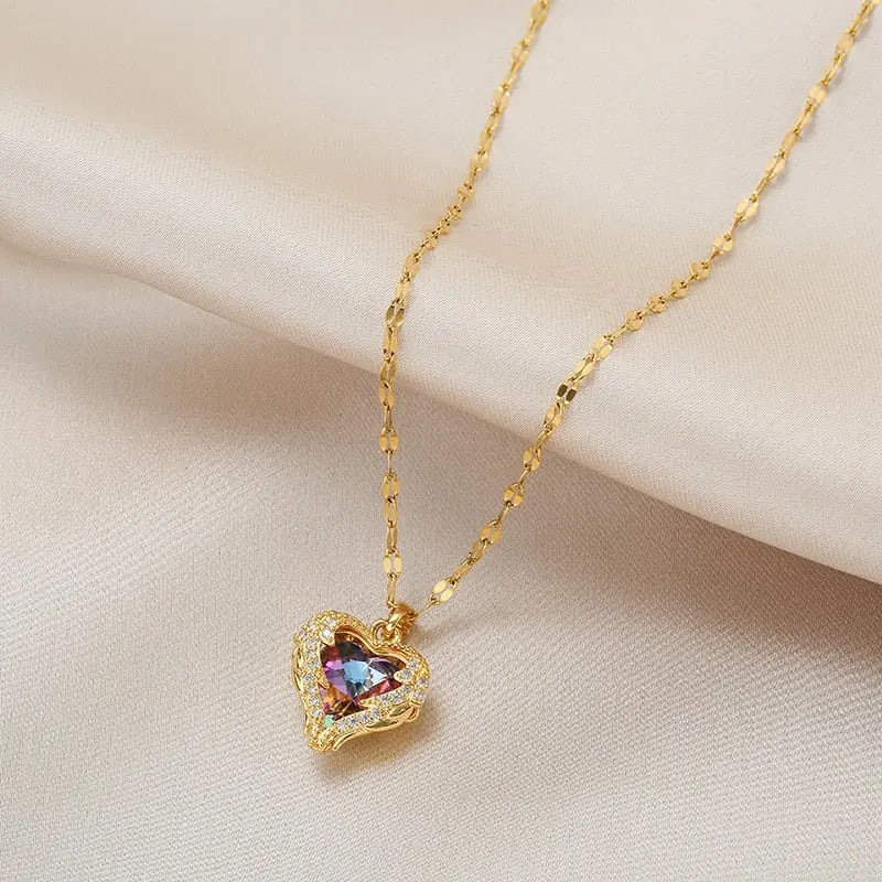 Luxury Zircon Crystal Heart Of Ocean Pendant Stainless Steel Necklace nowadaysfashion