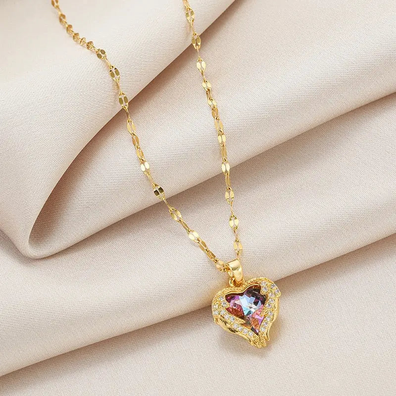 Luxury Zircon Crystal Heart Of Ocean Pendant Stainless Steel Necklace nowadaysfashion