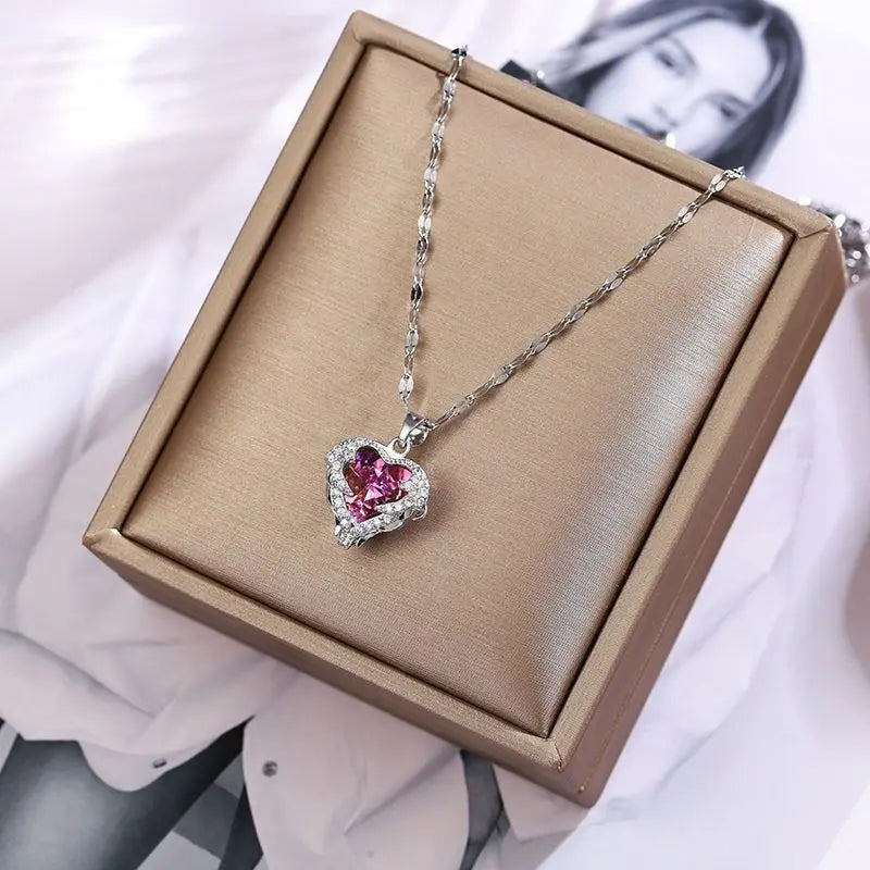 Luxury Zircon Crystal Heart Of Ocean Pendant Stainless Steel Necklace nowadaysfashion