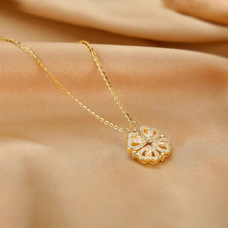 Magnetic Folding Heart Shaped Four Leaf Clover Pendant Necklace - Blade & Thread