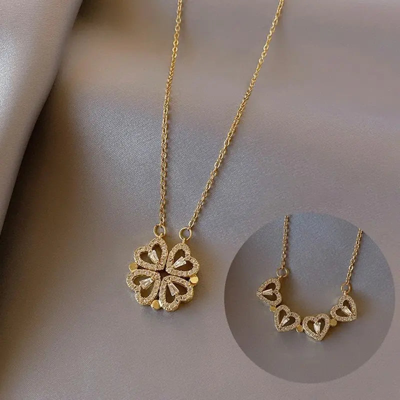 Magnetic Folding Heart Shaped Four Leaf Clover Pendant Necklace - Blade & Thread