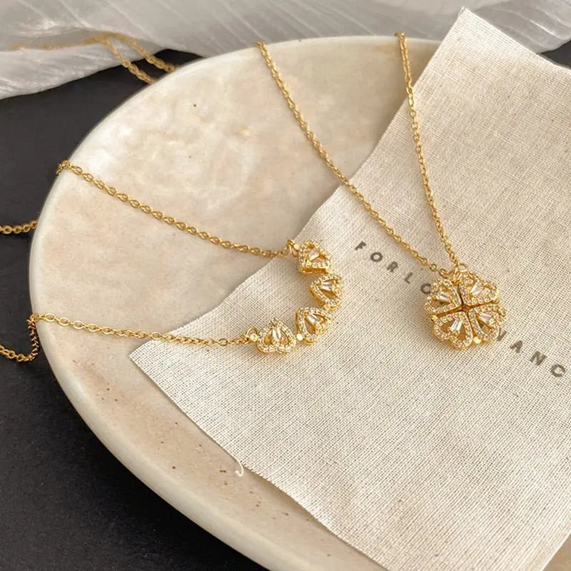 Magnetic Folding Heart Shaped Four Leaf Clover Pendant Necklace - Blade & Thread