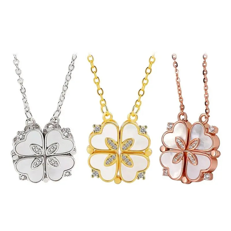 Magnetic Folding Heart Shaped Four Leaf Clover Pendant Necklace - Blade & Thread