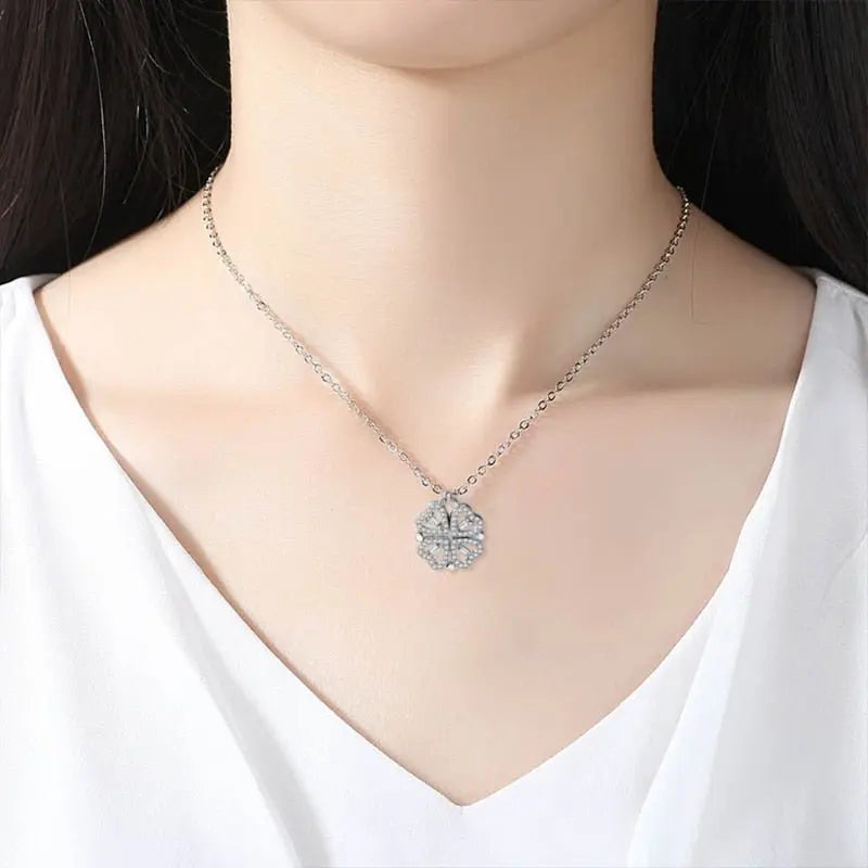 Magnetic Folding Heart Shaped Four Leaf Clover Pendant Necklace - Blade & Thread