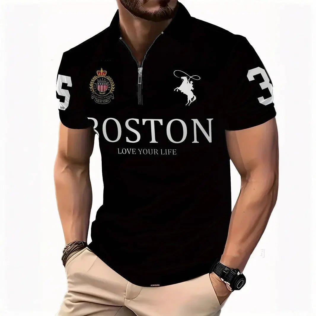Men's 3D Digital Print Zip-Up Polo Shirt - Blade & Thread