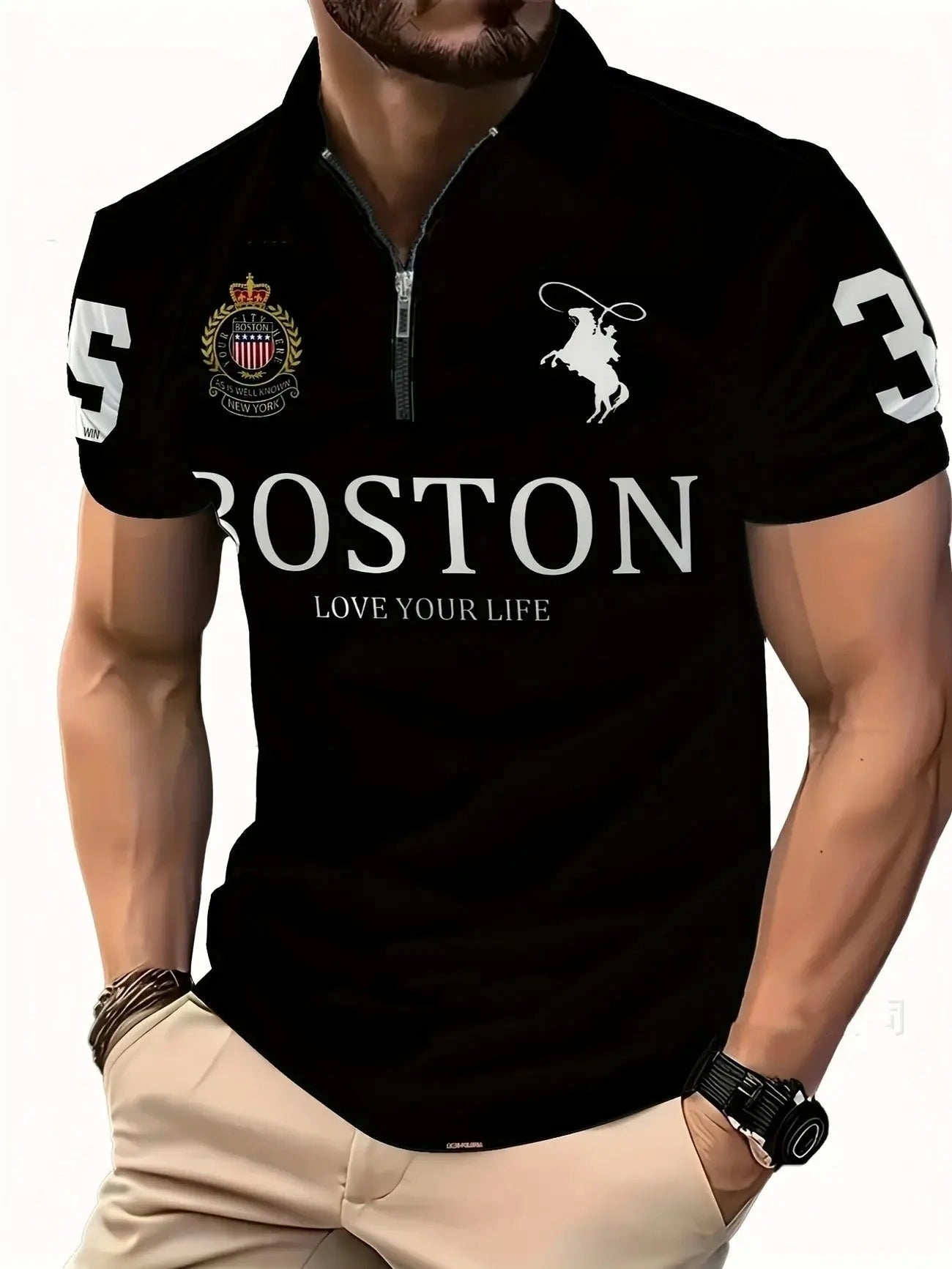 Men's 3D Digital Print Zip-Up Polo Shirt - Blade & Thread