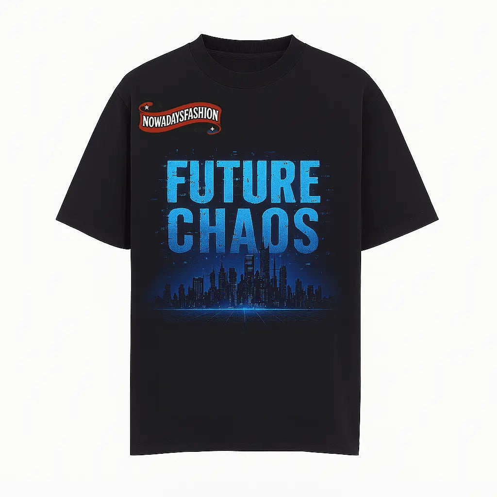 Men's Cyberpunk Graphic T-Shirt – FUTURE CHAOS Neon City Print Black Tee nowadaysfashion