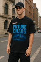 Men's Cyberpunk Graphic T-Shirt – FUTURE CHAOS Neon City Print Black Tee nowadaysfashion
