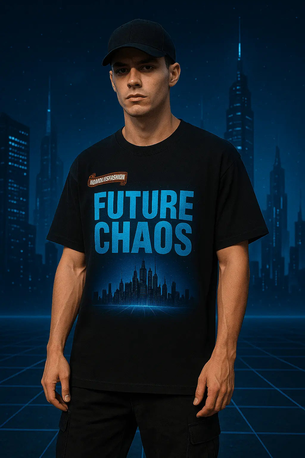 Men's Cyberpunk Graphic T-Shirt – FUTURE CHAOS Neon City Print Black Tee - Blade & Thread