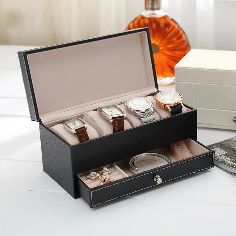 Men's drawer-style 4-seat leather watch display box - Blade & Thread