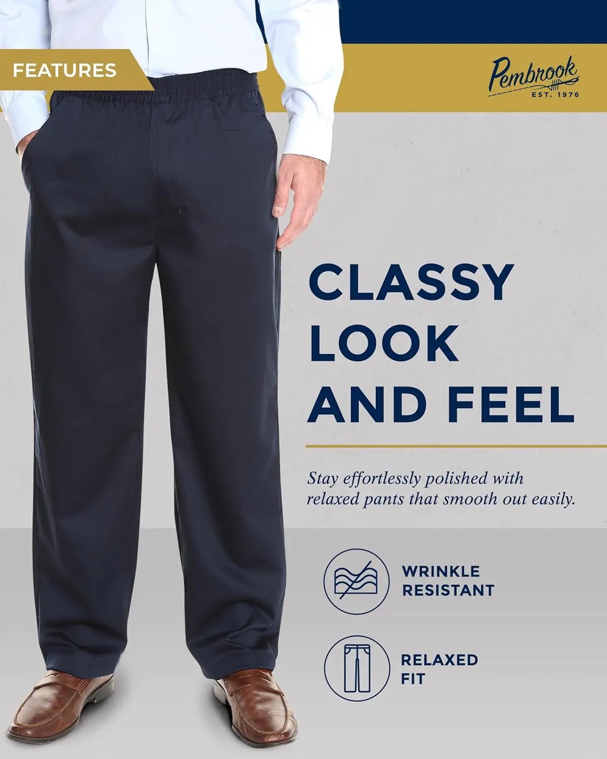 Mens Elastic Waist Pants for Seniors | Navy Mens Elastic Waist Dress Pants | Loose Fit Adaptive Pull on Jeans for Men - Blade & Thread