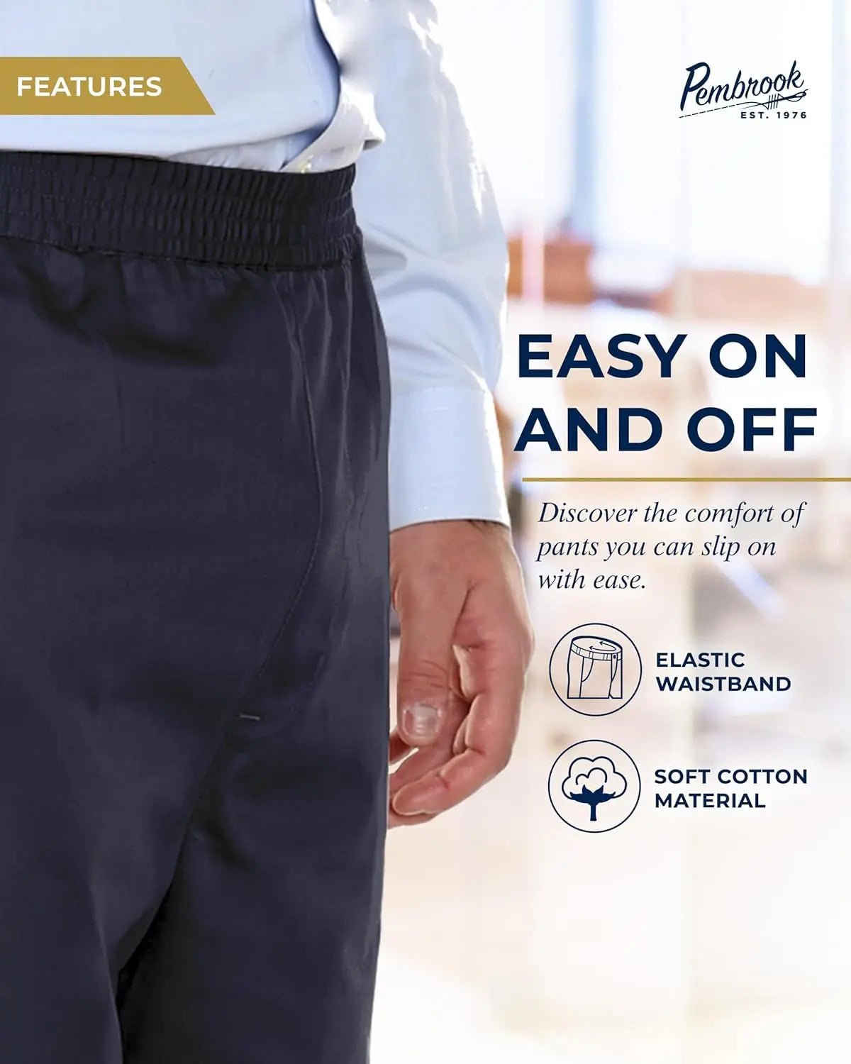 Mens Elastic Waist Pants for Seniors | Navy Mens Elastic Waist Dress Pants | Loose Fit Adaptive Pull on Jeans for Men - Blade & Thread