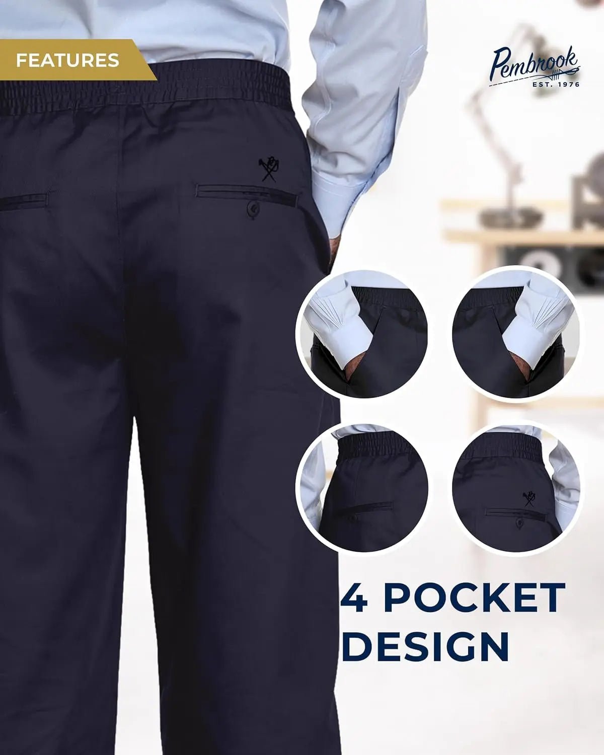 Mens Elastic Waist Pants for Seniors | Navy Mens Elastic Waist Dress Pants | Loose Fit Adaptive Pull on Jeans for Men - Blade & Thread