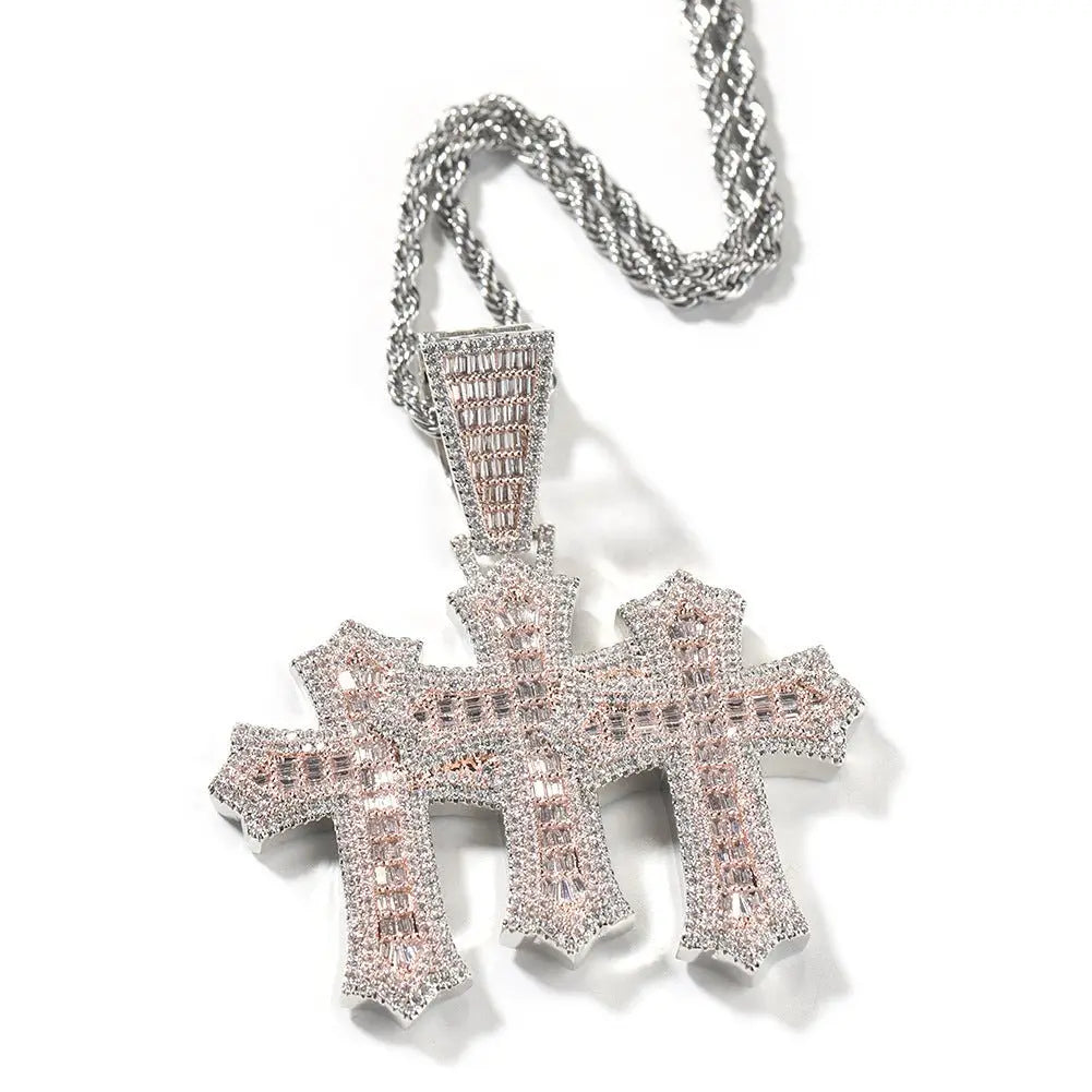 mens gold chain cross diamond-studded necklace - Blade & Thread