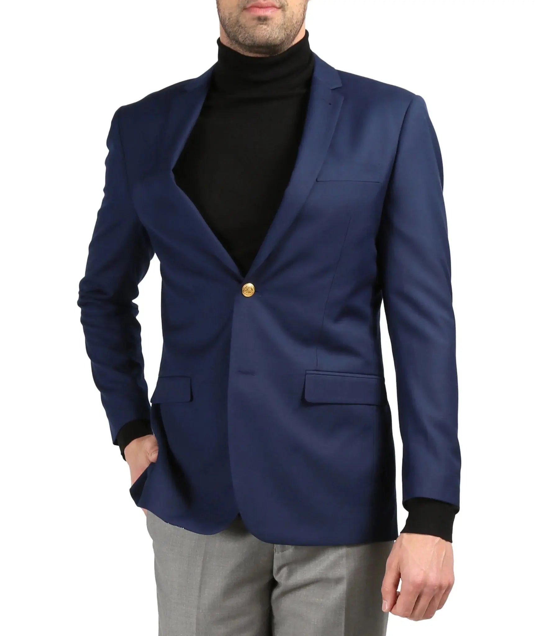 Men's Warwick Gold Button Slim Fit Navy Blazer Ferrecci