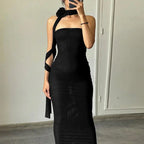 Mesh Flower Scarf Strapless Solid Elegant Sexy Bodycon Midi Prom Dress nowadaysfashion