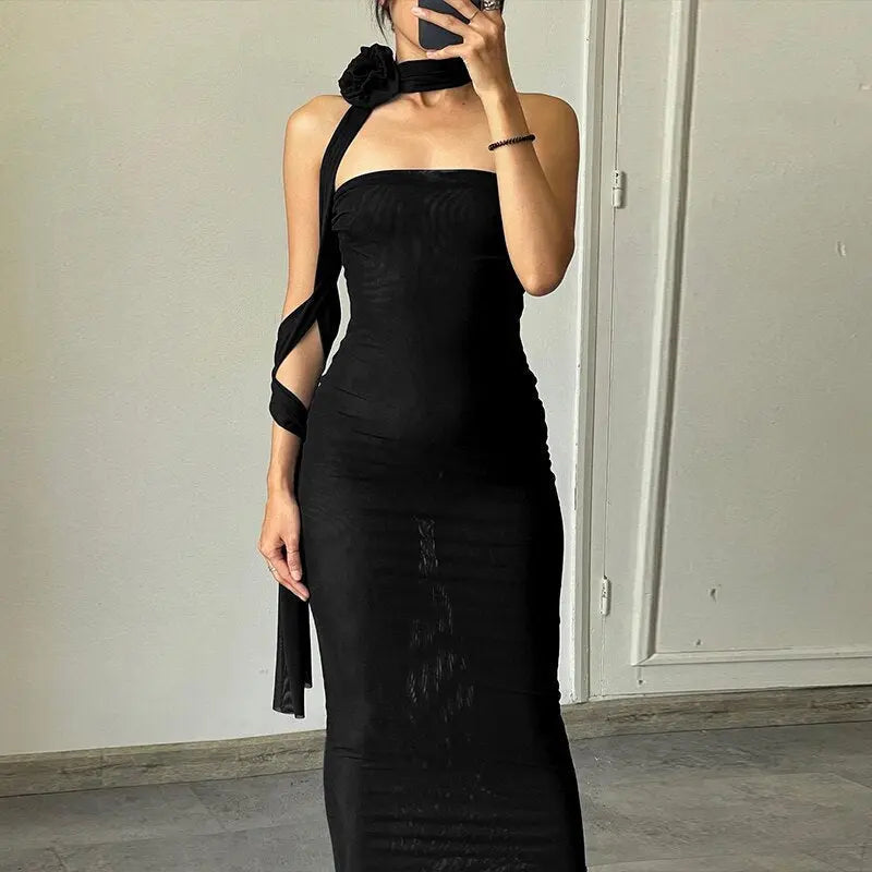 Mesh Flower Scarf Strapless Solid Elegant Sexy Bodycon Midi Prom Dress nowadaysfashion