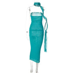 Mesh Flower Scarf Strapless Solid Elegant Sexy Bodycon Midi Prom Dress nowadaysfashion